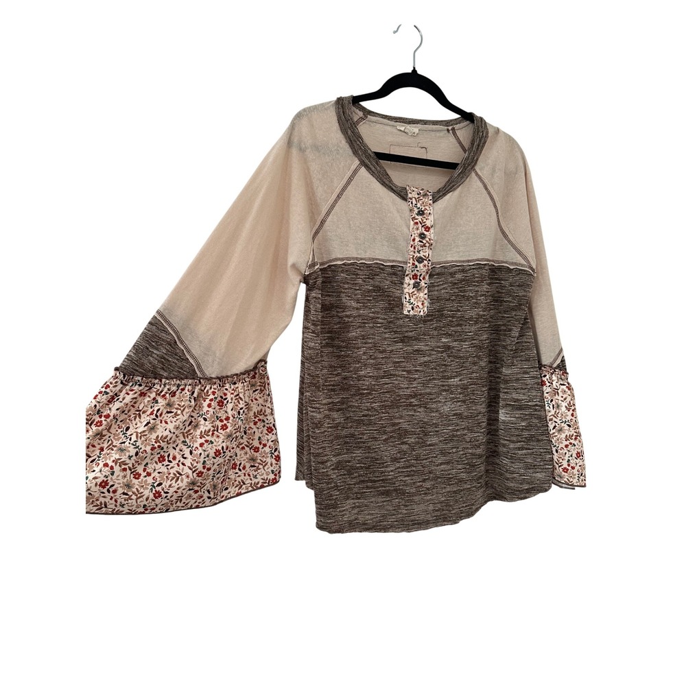 POL Mixed Media Floral Henley Top Small Marled Brown Boho Peasant Hippie